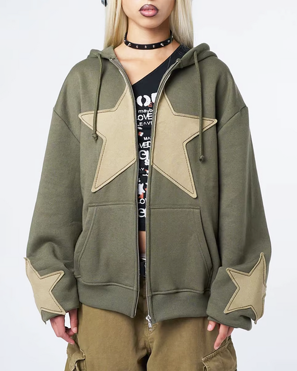 OFFSEAL Y2K Star Patchwork Zip-Up Hoodie