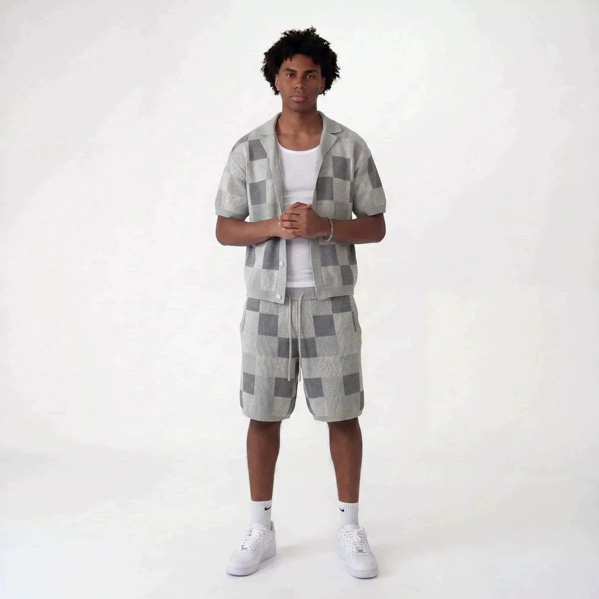 Checkerboard Knit Shirt & Shorts Set
