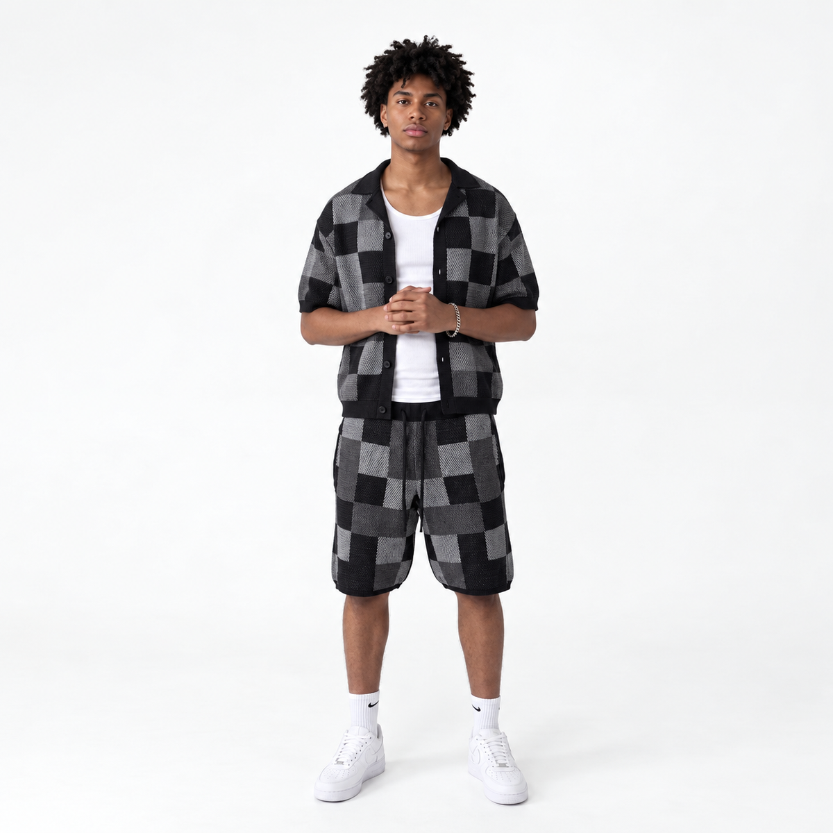 Checkerboard Knit Shirt & Shorts Set