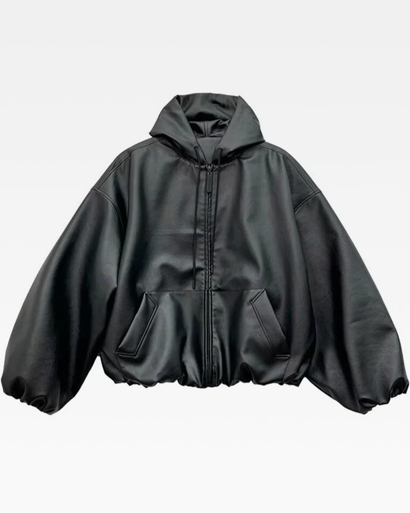 OFFSEAL Y2K Black Hooded Leather Jacket
