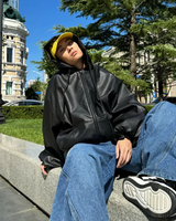 OFFSEAL Y2K Black Hooded Leather Jacket