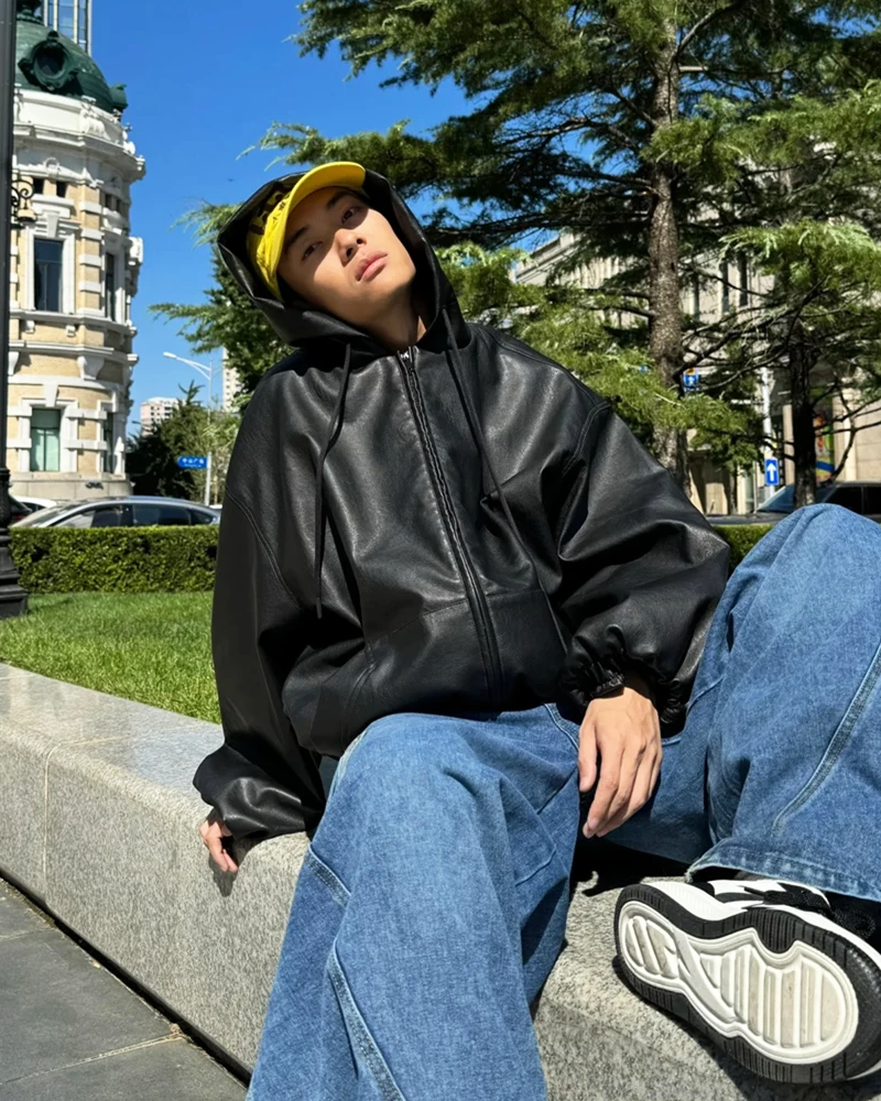 OFFSEAL Y2K Black Hooded Leather Jacket