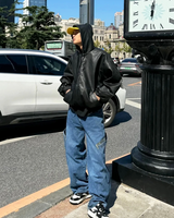 OFFSEAL Y2K Black Hooded Leather Jacket