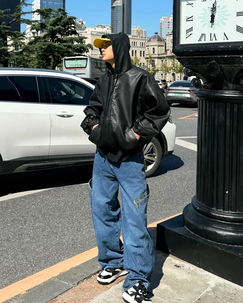 OFFSEAL Y2K Black Hooded Leather Jacket