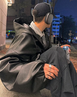 OFFSEAL Y2K Black Hooded Leather Jacket
