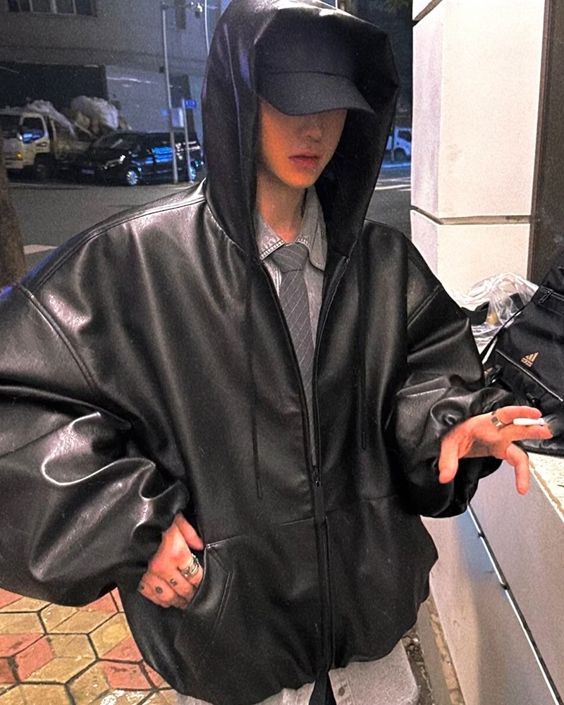 OFFSEAL Y2K Black Hooded Leather Jacket