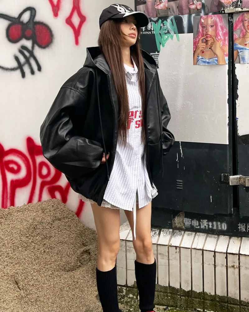 OFFSEAL Y2K Black Hooded Leather Jacket
