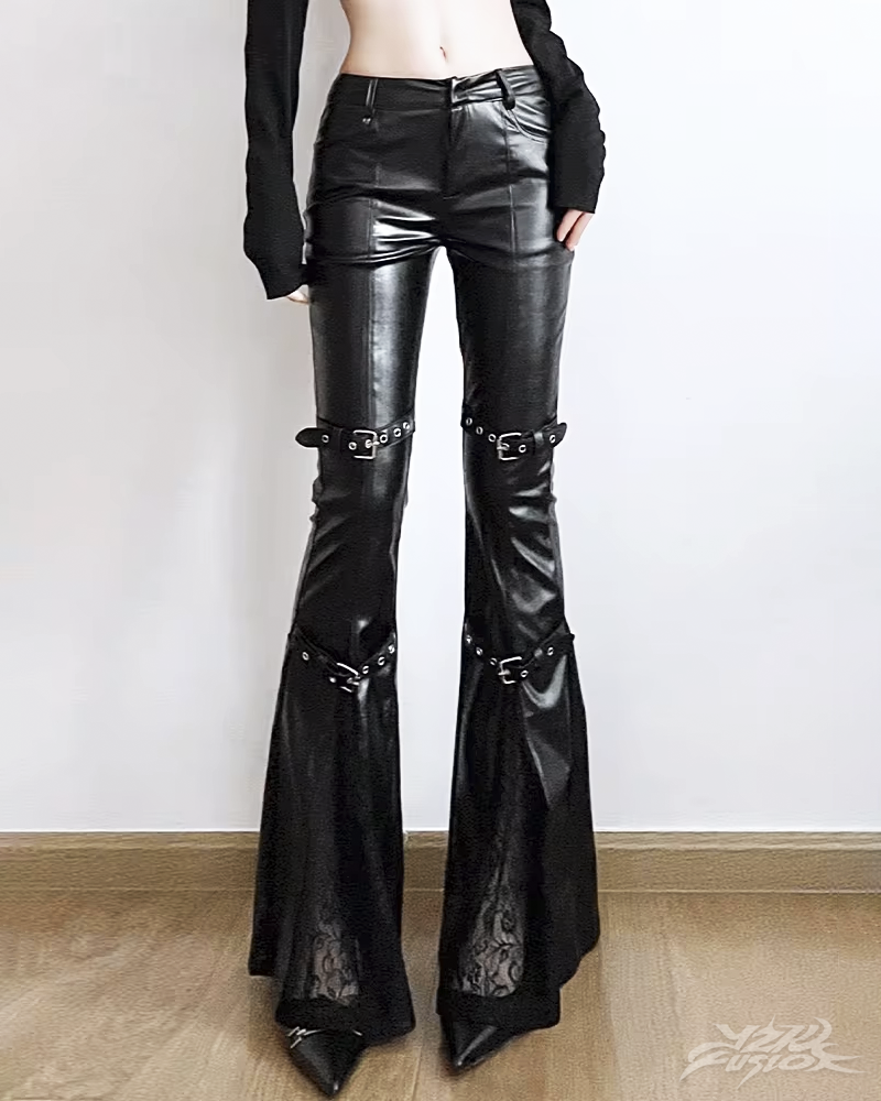 OFFSEAL Black Leather Flare Pants