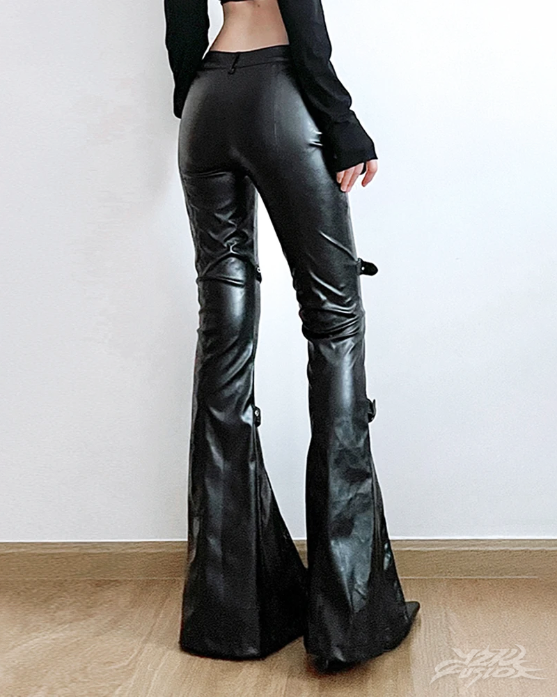 OFFSEAL Black Leather Flare Pants