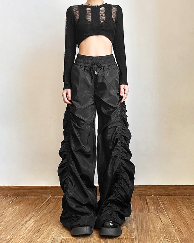 OFFSEAL Y2K Black Parachute Pants Women