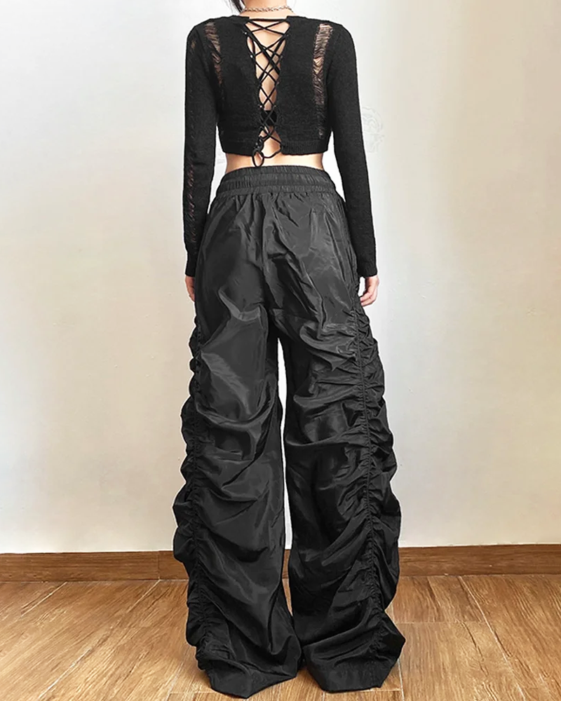 OFFSEAL Y2K Black Parachute Pants Women