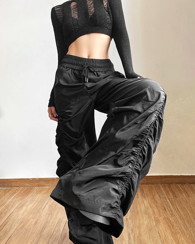OFFSEAL Y2K Black Parachute Pants Women