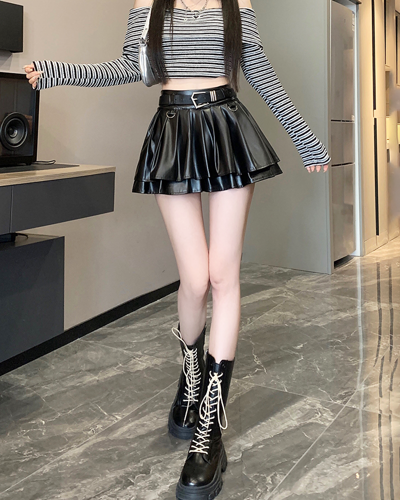 OFFSEAL Y2K Black Pleated Leather Mini Skirt