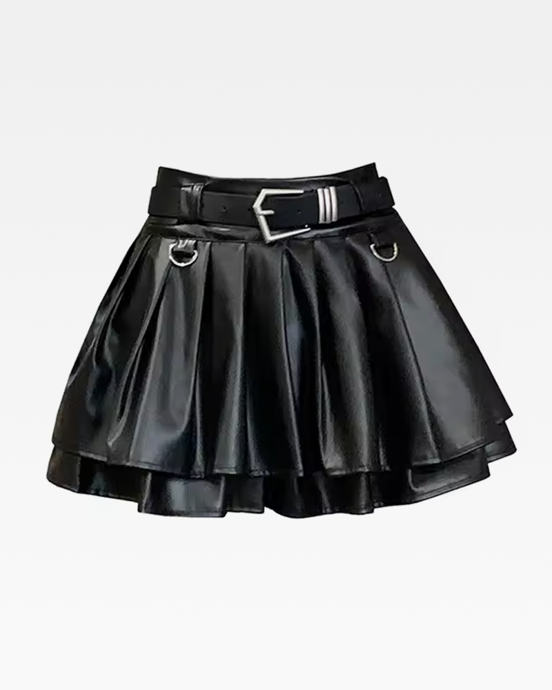 OFFSEAL Y2K Black Pleated Leather Mini Skirt