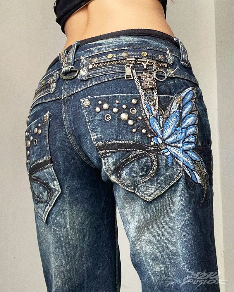 OFFSEAL Butterfly Embroidered Jeans
