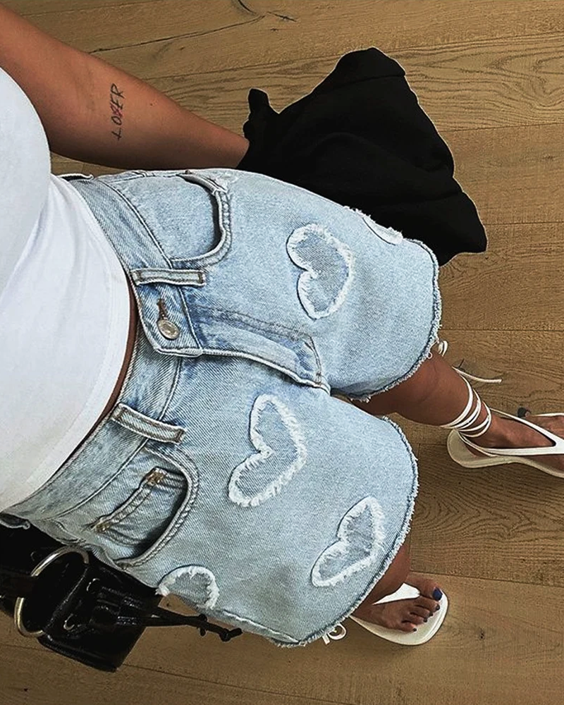 OFFSEAL Y2K Denim Heart Shorts
