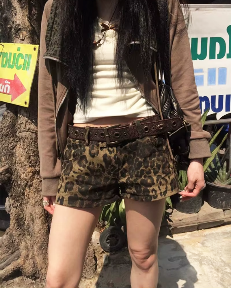OFFSEAL Denim Leopard Shorts