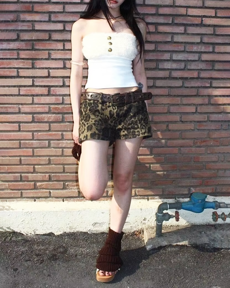 OFFSEAL Denim Leopard Shorts