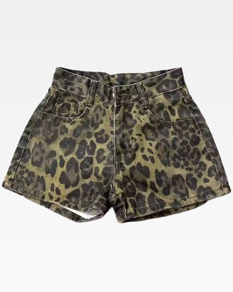 OFFSEAL Denim Leopard Shorts