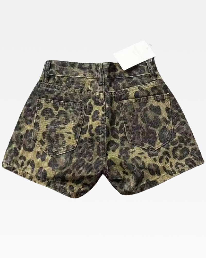 OFFSEAL Denim Leopard Shorts