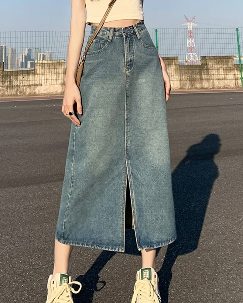 OFFSEAL Denim Maxi Skirt with Slit