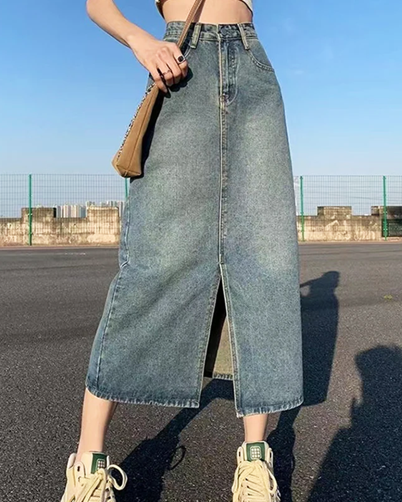 OFFSEAL Denim Maxi Skirt with Slit