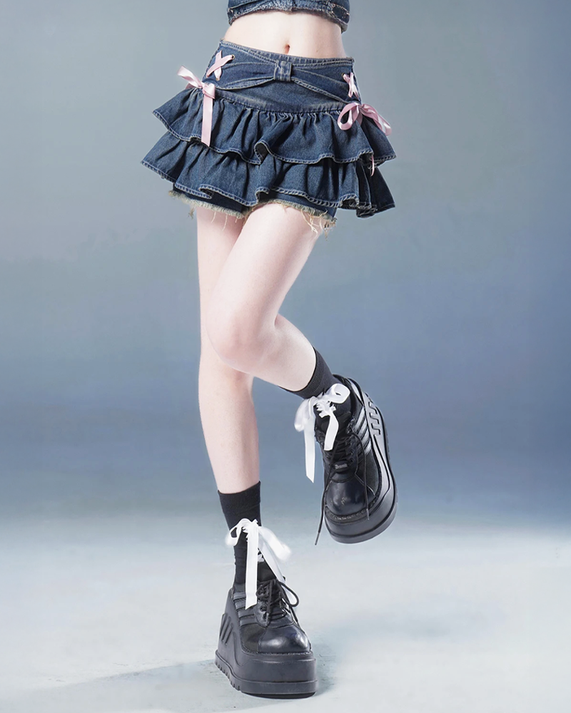 OFFSEAL Denim Mini Skirt with Ruffles