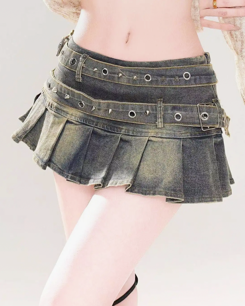 OFFSEAL Y2K Denim Pleated Mini Skirt