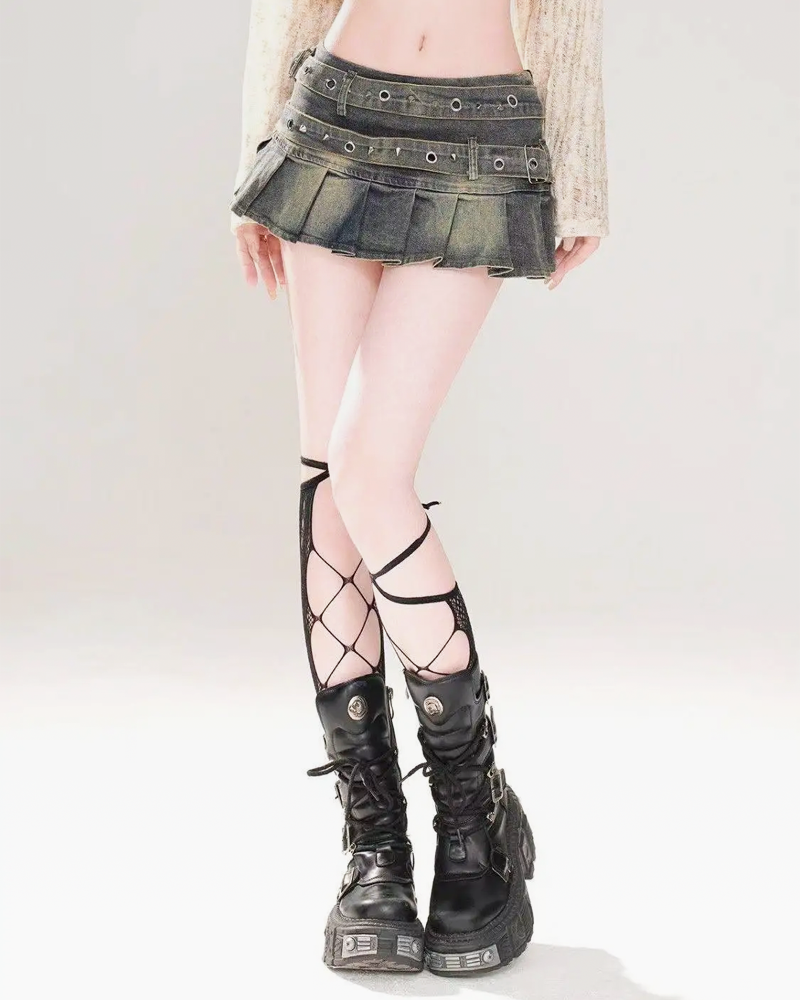OFFSEAL Y2K Denim Pleated Mini Skirt