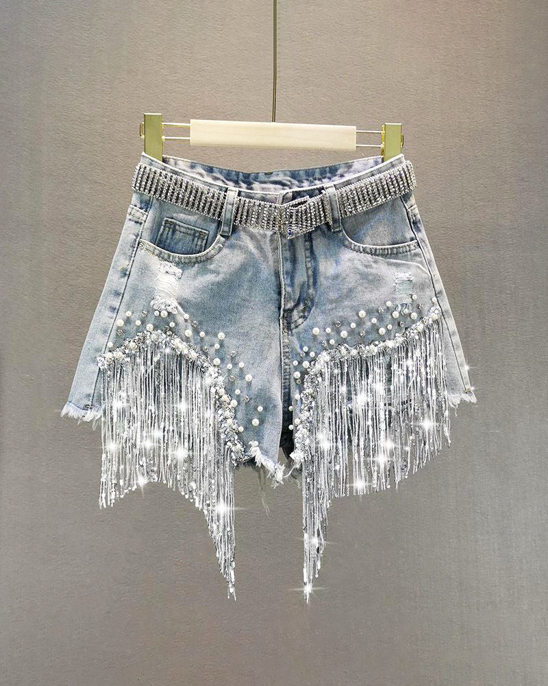 OFFSEAL Y2K Denim Shorts with Rhinestone Fringe