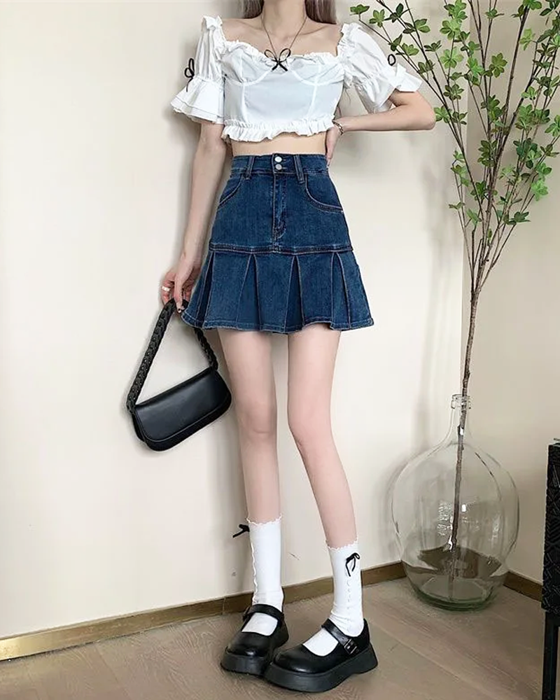 OFFSEAL Y2K Denim Skirt with Pleats