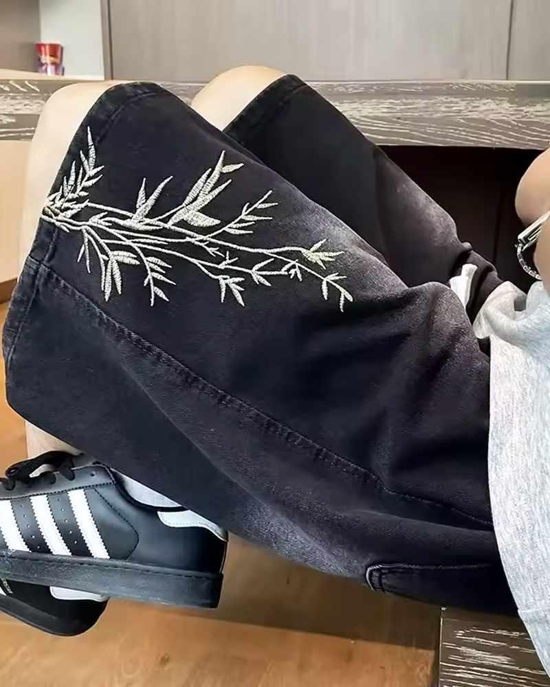 OFFSEAL Embroidered Denim Shorts