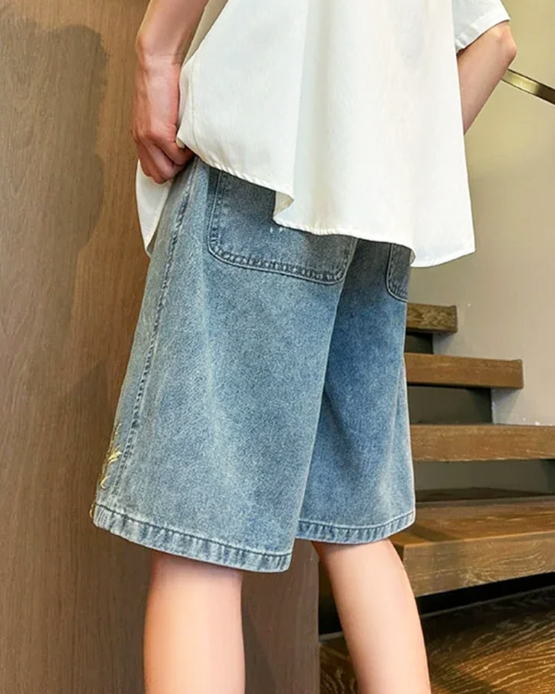 OFFSEAL Embroidered Denim Shorts