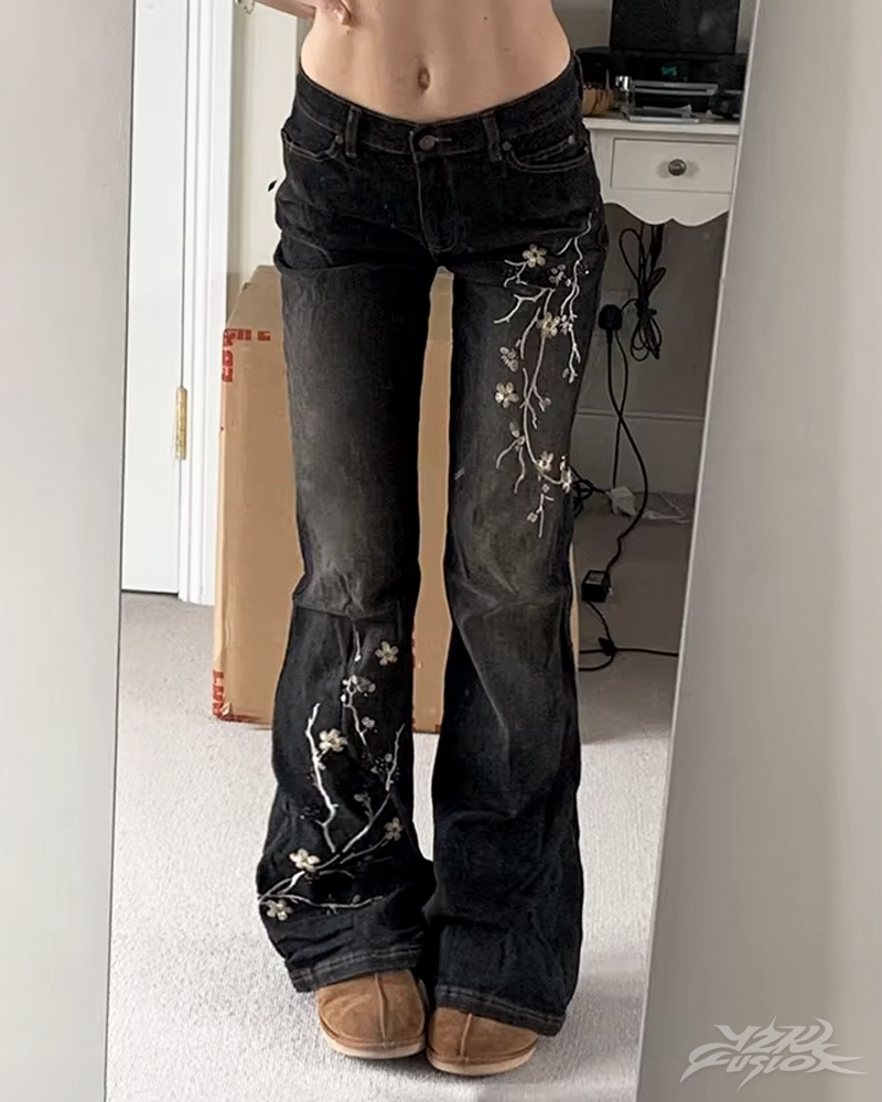 OFFSEAL Y2K Floral Embroidered Flare Jeans