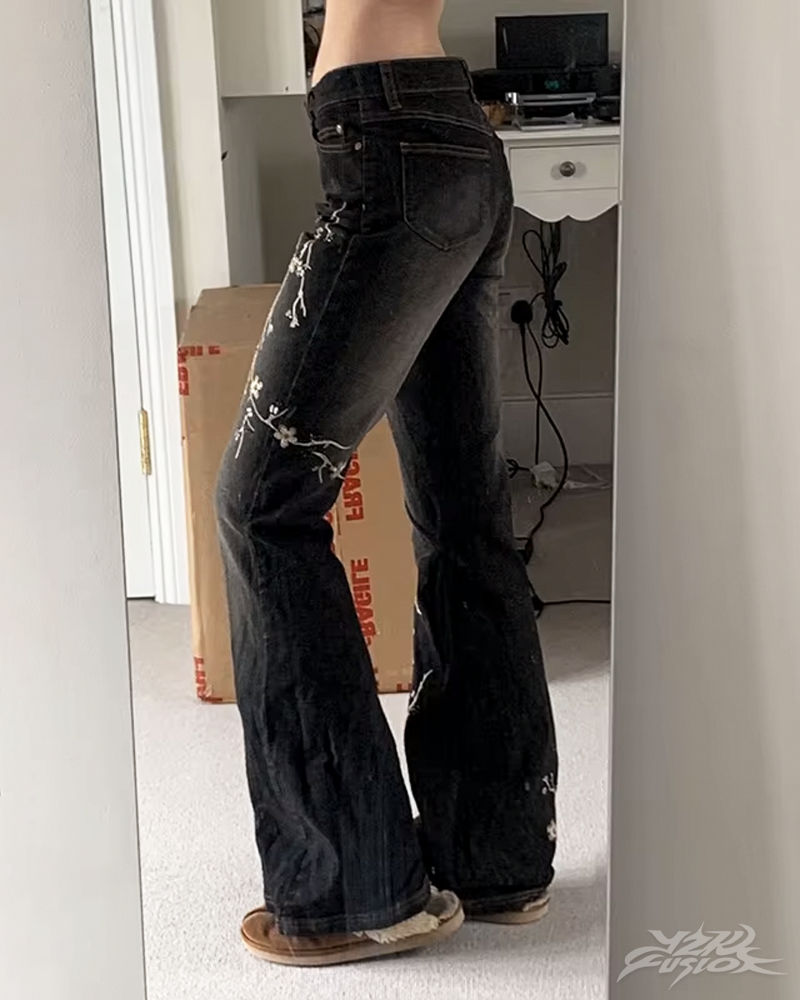 OFFSEAL Y2K Floral Embroidered Flare Jeans