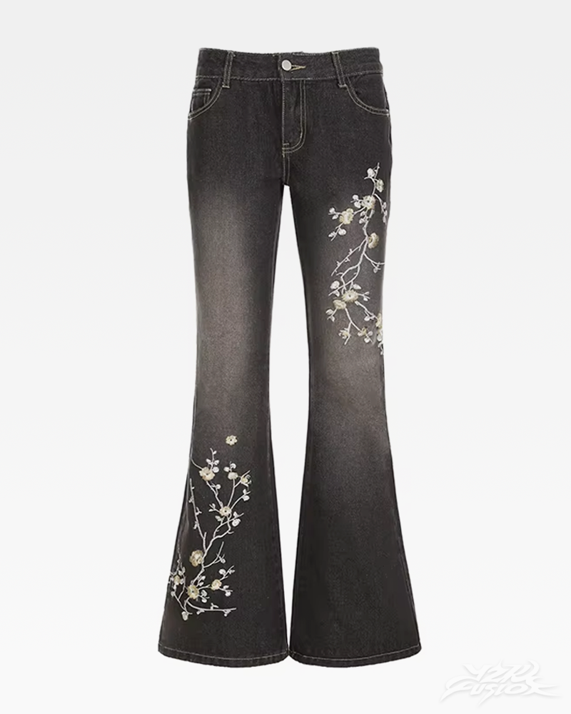 OFFSEAL Y2K Floral Embroidered Flare Jeans