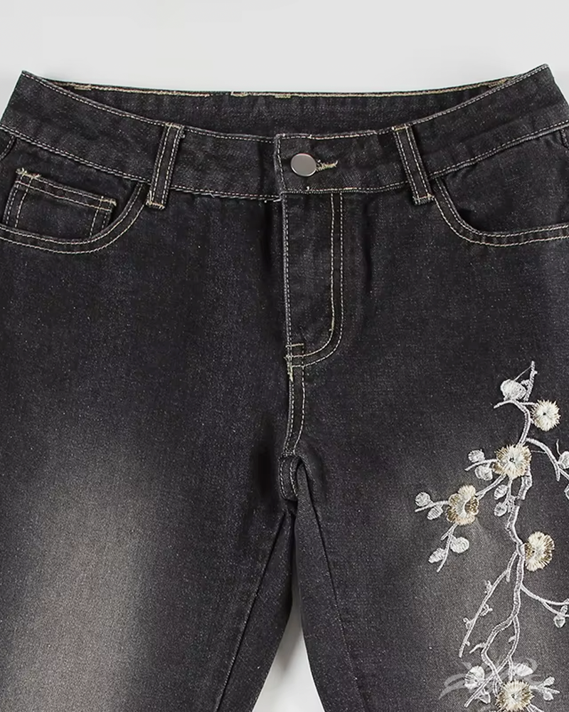 OFFSEAL Y2K Floral Embroidered Flare Jeans