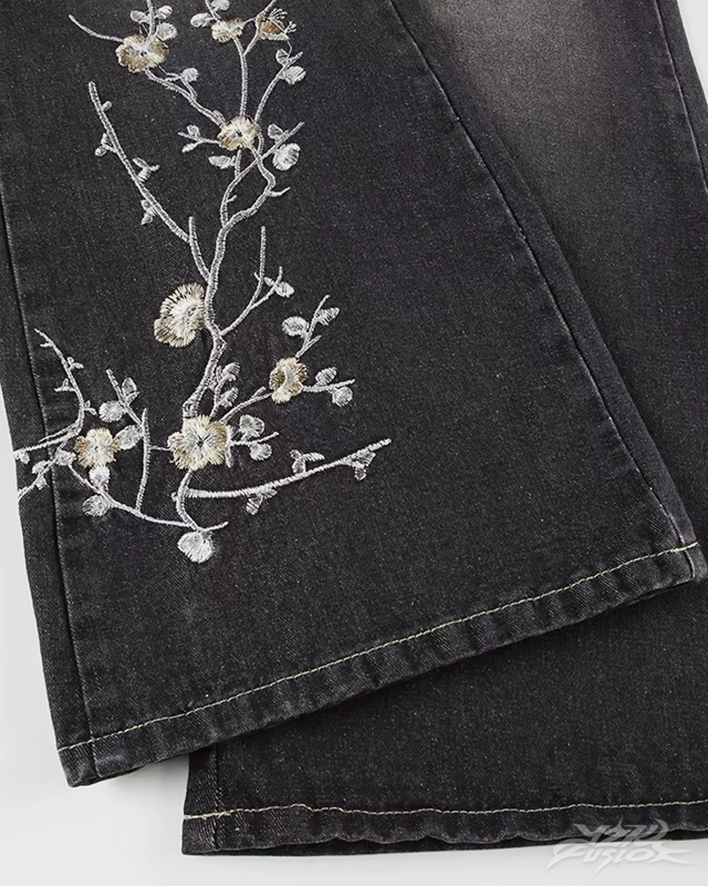 OFFSEAL Y2K Floral Embroidered Flare Jeans