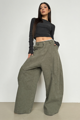 Olive Green Wide-Leg Utility Jeans