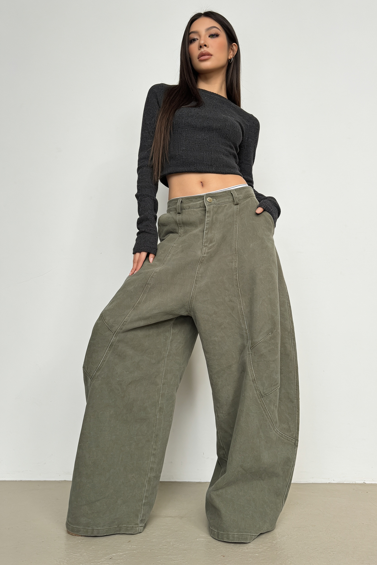 Olive Green Wide-Leg Utility Jeans