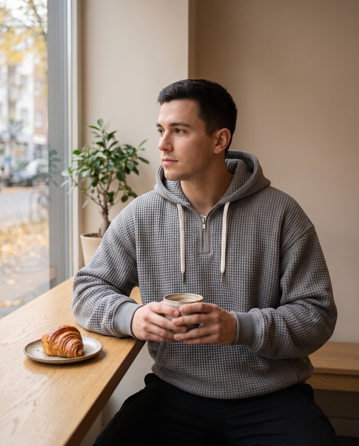 Hoodie Quart-Zip Gaufré — Épais