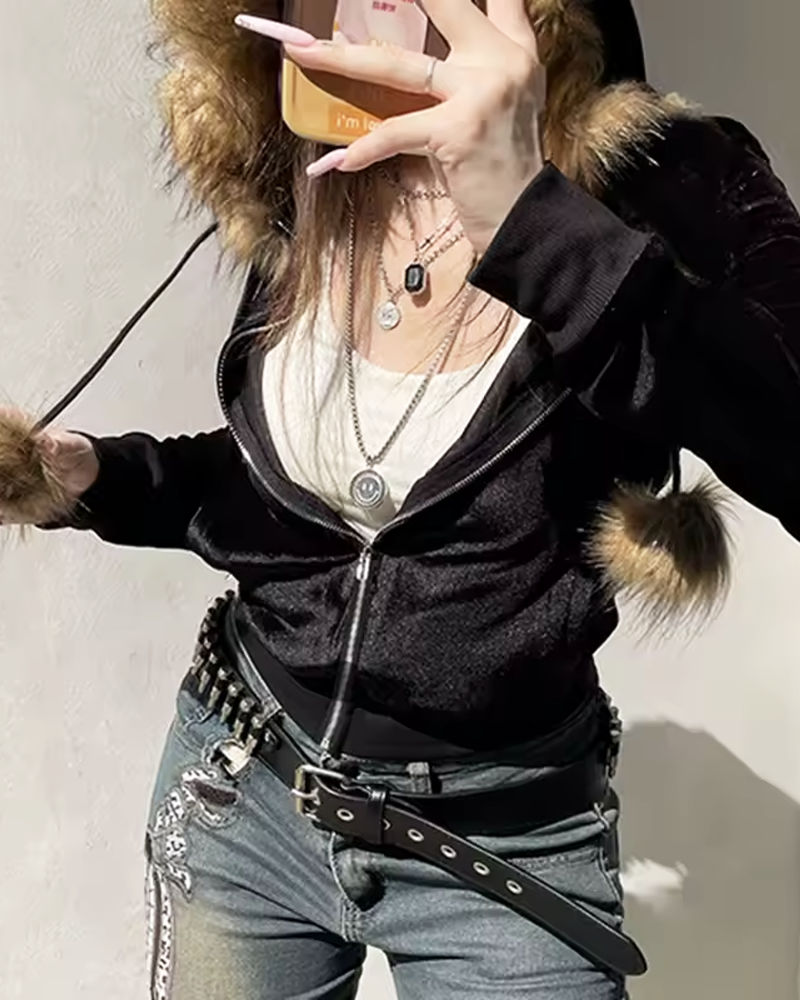 OFFSEAL Y2K Hoodie with Fur Hood