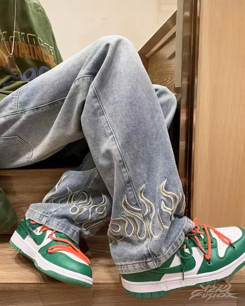OFFSEAL Jeans with Embroidered Flames