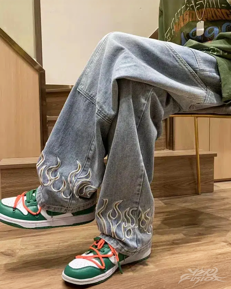 OFFSEAL Jeans with Embroidered Flames