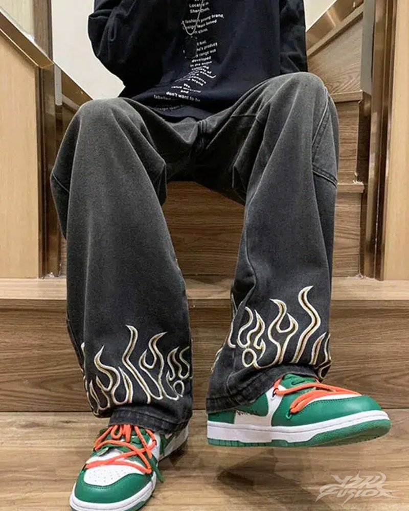 OFFSEAL Jeans with Embroidered Flames