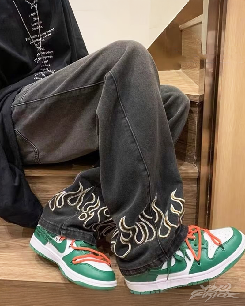 OFFSEAL Jeans with Embroidered Flames