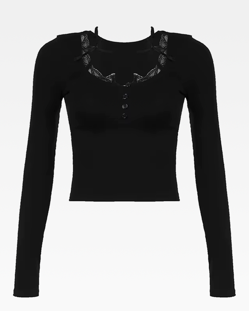 OFFSEAL Lace Trim Long-Sleeve Top