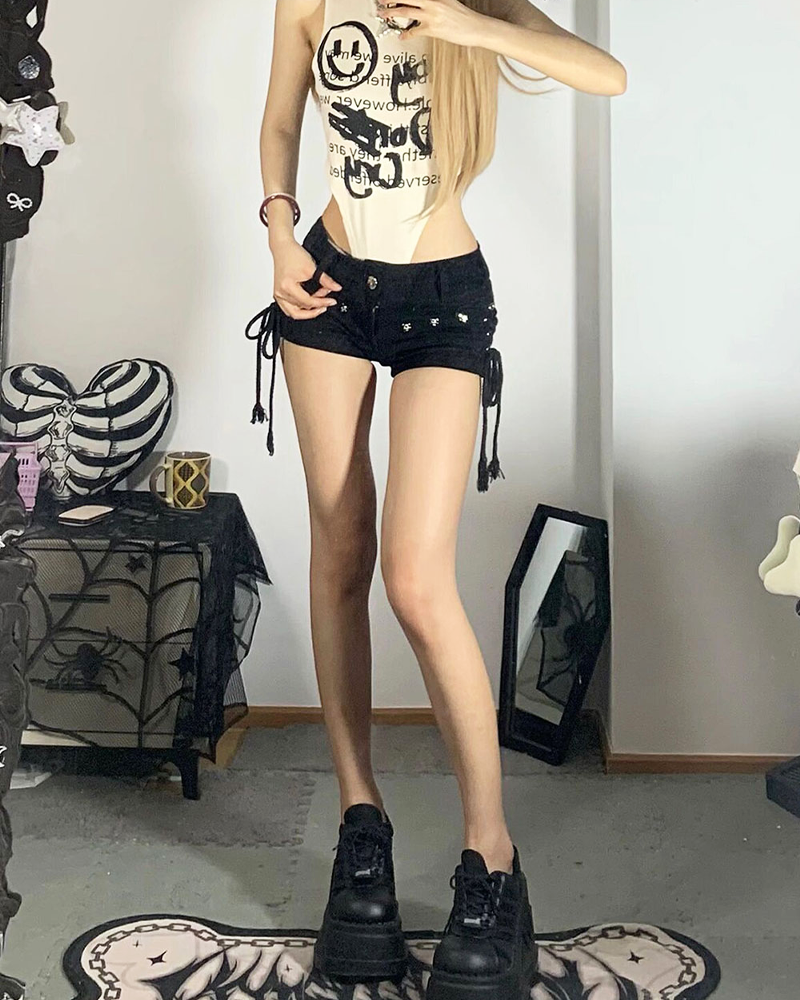 OFFSEAL Y2K Low-Rise Black Denim Shorts