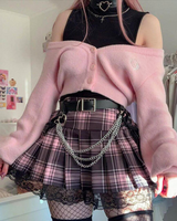 OFFSEAL Y2K Pink And Black Plaid Pleated Skirt