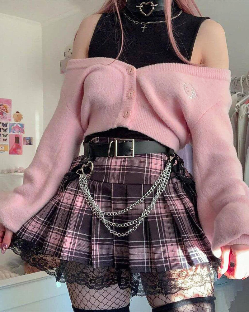 OFFSEAL Y2K Pink And Black Plaid Pleated Skirt